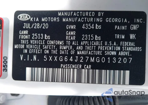 2021 Kia K5 Gt-Line z USA, uszkodzony, nr VIN 5XXG64J27MG013207